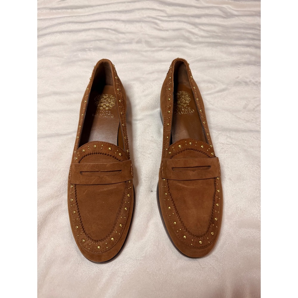 Vince Camuto Camdyn Brown Suede Studded Penny Loafers Size 8.5M 39 Gold Studs